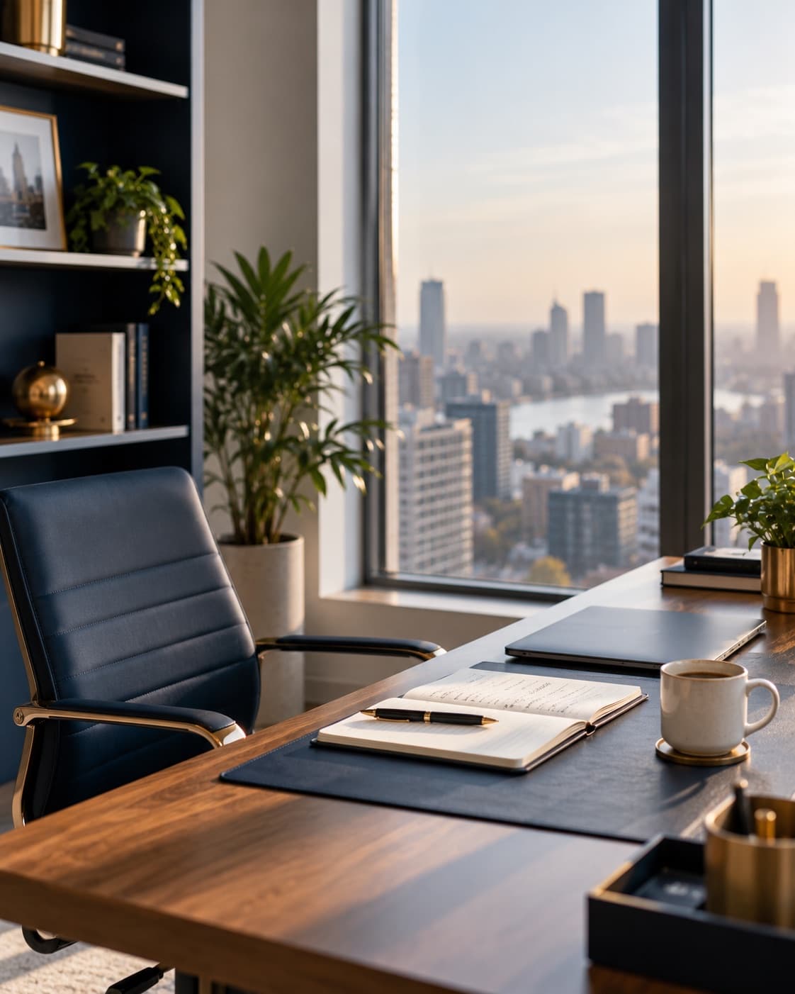 A quiet office desk with an open notebook beside a window overlooking the city.