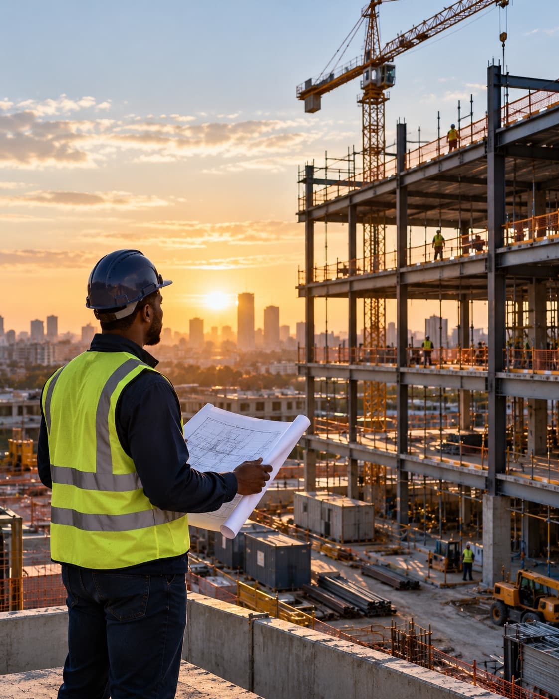 A site engineer holding plans looks across a building under construction at sunset.