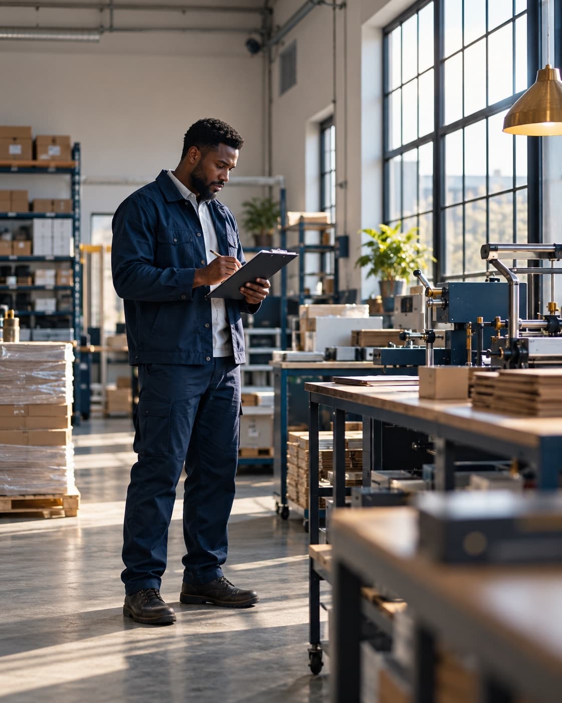A business owner in a navy work jacket reviews a clipboard on a bright workshop floor.